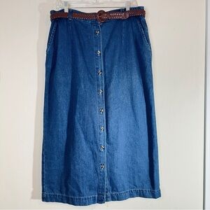Blue Denim Midi Skirt with Belt Sz 14 Button Front Cowgirl Western Prairie